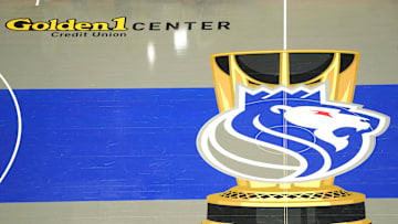 Dec 4, 2023; Sacramento, California, USA; The Sacramento Kings logo for the In-Season Tournament is displayed at mid-court before the game against the New Orleans Pelicans at Golden 1 Center. Mandatory Credit: Darren Yamashita-Imagn Images