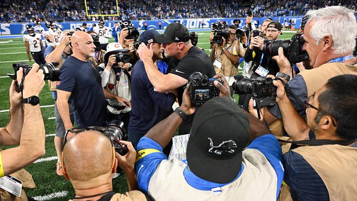 Sep 14, 2025; Detroit, Michigan, USA; Chicago Bears head coach Ben Johnson and Detroit Lions head coach Dan Campbell hug after the game at Ford Field. Mandatory Credit: Lon Horwedel-Imagn Images