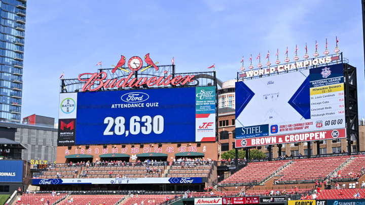 Aug 22, 2024; St. Louis, Missouri, USA;  A general view of the scoreboard as they announce today’s attendance during the eighth inning of a game between the St. Louis Cardinals and the Milwaukee Brewers at Busch Stadium. Mandatory Credit: Jeff Curry-USA TODAY Sports