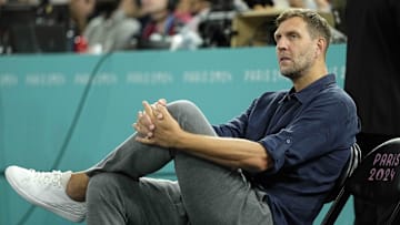 Dirk Nowitzki looks on during the men's basketball bronze medal game between Serbia and Germany.