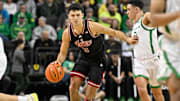 Indiana Hoosiers guard Anthony Leal (3) drives to the basket against Oregon Ducks guard Jackson Shelstad (3) during the second half at Matthew Knight Arena.