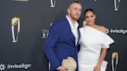 Feb 6, 2025; New Orleans, LA, USA; George Kittle and Claire Kittle on the red carpet before Super Bowl LIX NFL Honors at Saenger Theatre.