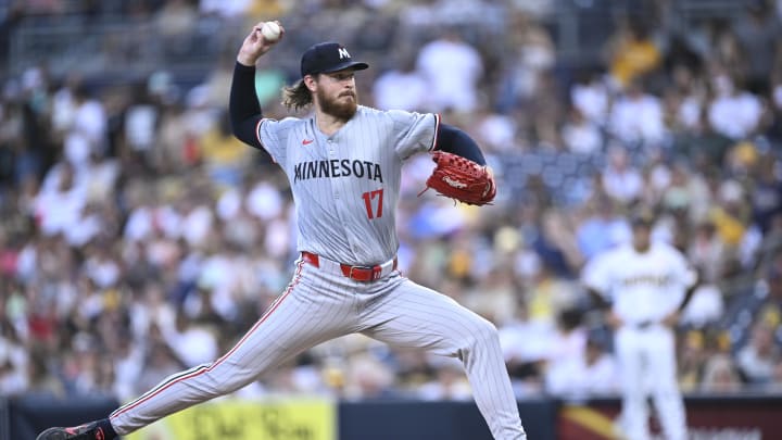 Aug 20, 2024; San Diego, California, USA; Minnesota Twins starting pitcher Bailey Ober (17) pitches against the San Diego Padres during the first inning at Petco Park. Mandatory Credit: Orlando Ramirez-USA TODAY Sports