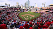 Mar 27, 2025; St. Louis, Missouri, USA;  A general view of Busch Stadium during the fifth inning of opening day between the St. Louis Cardinals and the Minnesota Twins. Mandatory Credit: Jeff Curry-Imagn Images