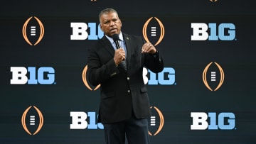 Jul 24, 2024; Indianapolis, IN, USA;  College Football Playoff executive director Richard M. Clark speaks to the media during the Big 10 football media day at Lucas Oil Stadium. Mandatory Credit: Robert Goddin-USA TODAY Sports