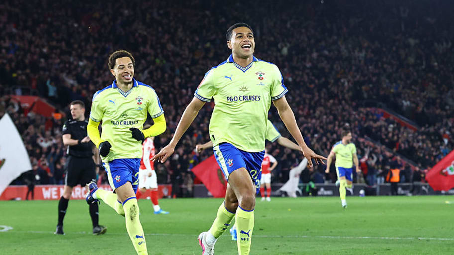 Shea Charles celebrates goal vs. Arsenal