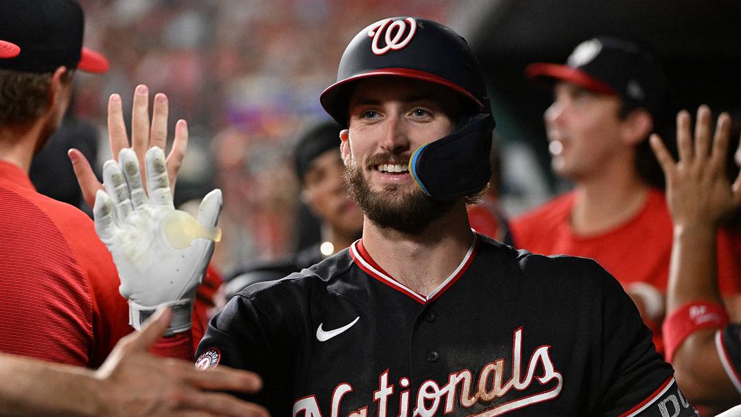 Sep 18, 2026; St. Louis, Missouri, USA;  Washington Nationals right fielder Dylan Crews (3) celebrates with teammates after hitting a 2-run home run against the St. Louis Cardinals during the third inning at Busch Stadium.  Mandatory Credit: Jeff Le-Imagn Images