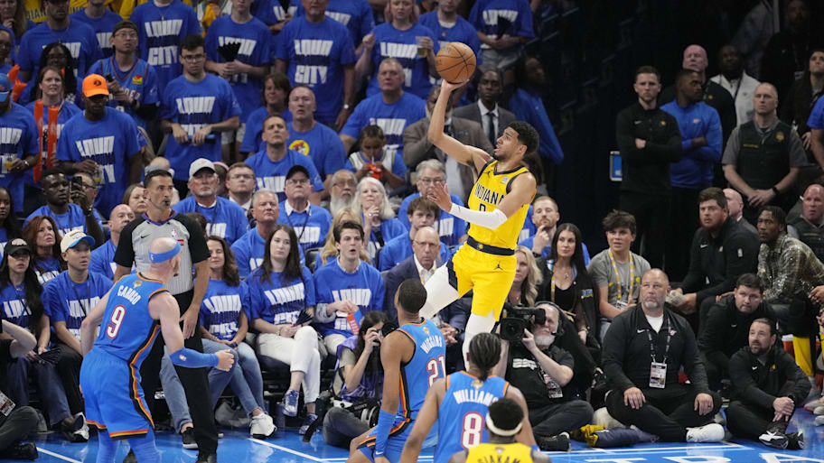 Tyrese Haliburton shoots a runner against the Oklahoma City defense in Game 2. | Kyle Terada-Imagn Images