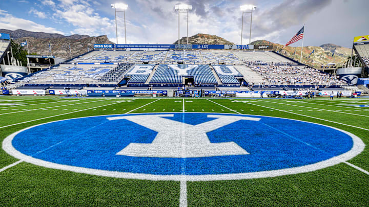 BYU logo at Lavell Edwards Stadium
