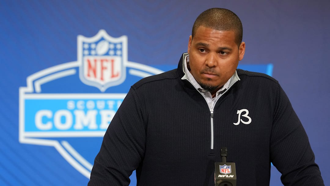 Feb 24, 2026; Indianapolis, IN, USA; Chicago Bears general manager Ryan Poles speaks at the NFL Scouting Combine at the Indiana Convention Center. Mandatory Credit: Kirby Lee-Imagn Images