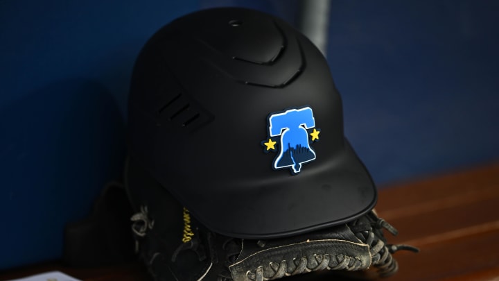 Apr 12, 2024; Philadelphia, Pennsylvania, USA; A view of the helmet of Philadelphia Phillies catcher J.T. Realmuto (10) displaying the City Connect logo before the game against the Pittsburgh Pirates at Citizens Bank Park. Mandatory Credit: Kyle Ross-USA TODAY Sports