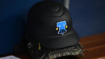 Apr 12, 2024; Philadelphia, Pennsylvania, USA; A view of the helmet of Philadelphia Phillies catcher J.T. Realmuto (10) displaying the City Connect logo before the game against the Pittsburgh Pirates at Citizens Bank Park. Mandatory Credit: Kyle Ross-Imagn Images