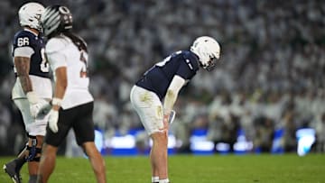 Sep 27, 2025; University Park, Pennsylvania, USA; Penn State Nittany Lions quarterback Drew Allar (15) reacts during the fourth quarter against the Oregon Ducks at Beaver Stadium. Mandatory Credit: James Lang-Imagn Images