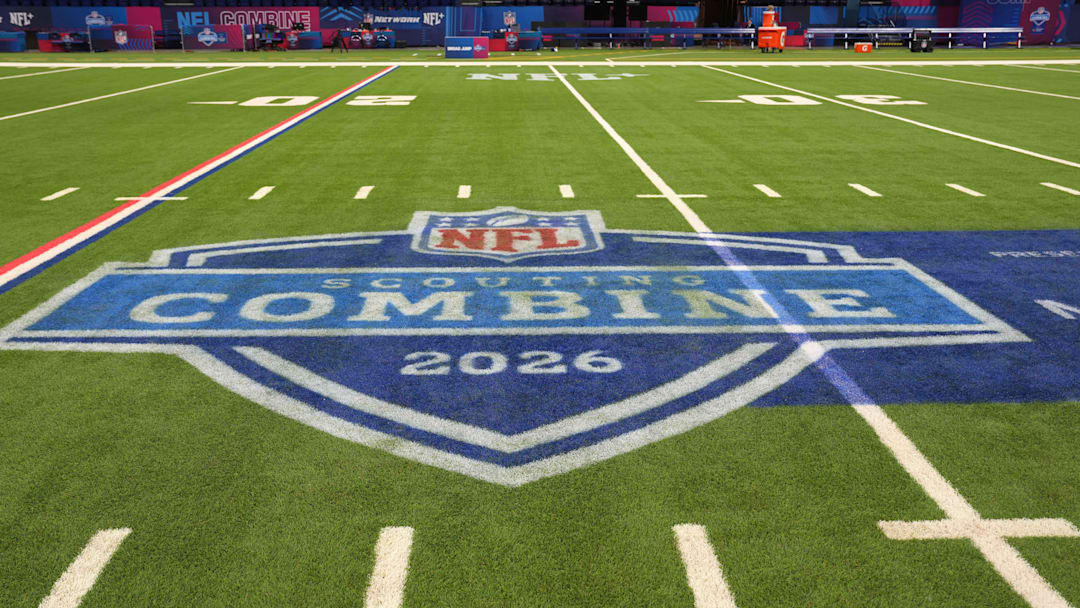Mar 1, 2026; Indianapolis, IN, USA; The NFL Scouting Combine logo on the field at Lucas Oil Stadium. Mandatory Credit: Kirby Lee-Imagn Images