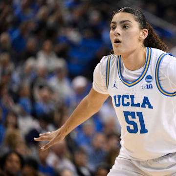 Mar 23, 2025; Los Angeles, California, USA; UCLA Bruins center Lauren Betts (51) during an NCAA Tournament second round game against the Richmond Spiders at Pauley Pavilion presented by Wescom. Mandatory Credit: Robert Hanashiro-Imagn Images