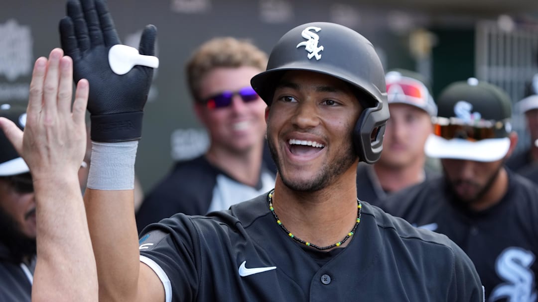 Mar 1, 2026; Mesa, Arizona, USA; Chicago White Sox outfielder Braden Montgomery (91) celebrates after hitting a solo home run against the Chicago Cubs in the first inning at Sloan Park. Mandatory Credit: Rick Scuteri-Imagn Images