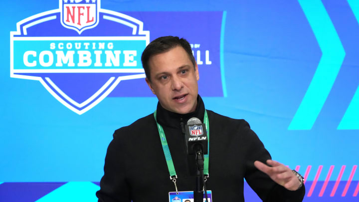 Feb 27, 2024; Indianapolis, IN, USA; Kansas City Chiefs general manager Brett Veach speaks during a press conference at the NFL Scouting Combine at Indiana Convention Center. Mandatory Credit: Kirby Lee-USA TODAY Sports Feb 27, 2024; Indianapolis, IN, USA; Kansas City Chiefs general manager Brett Veach speaks during a press conference at the NFL Scouting Combine at Indiana Convention Center. Mandatory Credit: Kirby Lee-USA TODAY Sports