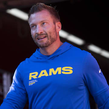 Nov 9, 2025; Santa Clara, California, USA; Los Angeles Rams head coach Sean McVay walks onto the field prior to the game against the San Francisco 49ers at Levi's Stadium. Mandatory Credit: Cary Edmondson-Imagn Images