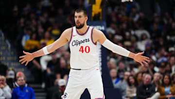 Jan 8, 2025; Denver, Colorado, USA; LA Clippers center Ivica Zubac (40) during the first quarter against the Denver Nuggets at Ball Arena. Mandatory Credit: Ron Chenoy-Imagn Images