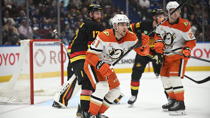 Apr 5, 2025; Vancouver, British Columbia, CAN;  Anaheim Ducks forward Cutter Gauthier (61) reacts during the third period against the Vancouver Canucks at Rogers Arena. Mandatory Credit: Anne-Marie Sorvin-Imagn Images