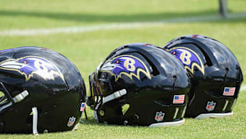 Jul 23, 2025; Owings Mills, MD, USA; Baltimore Ravens helmets await use during training camp at the Under Armour Performance Center. Mandatory Credit: Mitch Stringer-Imagn Images