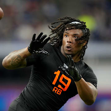 Mar 1, 2025; Indianapolis, IN, USA; Cincinnati running back Corey Kiner (RB19) during the 2025 NFL Combine at Lucas Oil Stadium. Mandatory Credit: Kirby Lee-Imagn Images