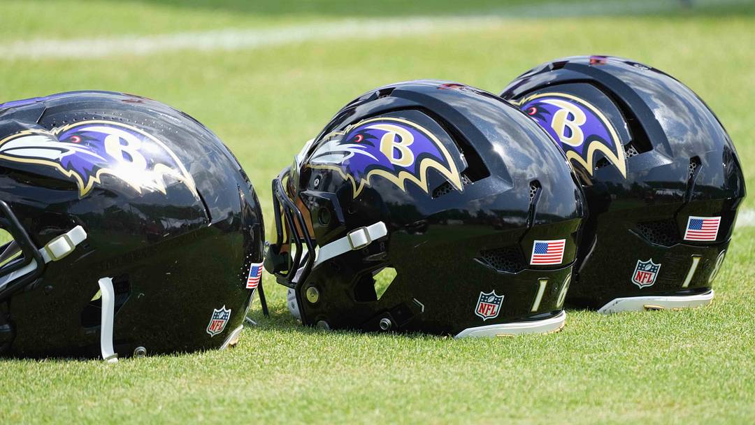Jul 23, 2025; Owings Mills, MD, USA; Baltimore Ravens helmets await use during training camp at the Under Armour Performance Center. Mandatory Credit: Mitch Stringer-Imagn Images Jul 23, 2025; Owings Mills, MD, USA; Baltimore Ravens helmets await use during training camp at the Under Armour Performance Center. Mandatory Credit: Mitch Stringer-Imagn Images