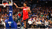 Dec 6, 2025; Dallas, Texas, USA; Houston Rockets guard Amen Thompson (1) points as he brings the ball up the court against the Dallas Mavericks during the second quarter at American Airlines Center. Mandatory Credit: Andrew Dieb-Imagn Images