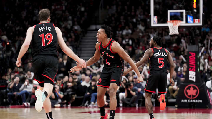 Scottie Barnes, Jakob Poeltl and Immanuel Quickley, Toronto Raptors