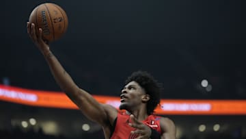 Nov 12, 2024; Portland, Oregon, USA; Portland Trail Blazers guard Scoot Henderson (00) shoots the ball during the first half against the Minnesota Timberwolves at Moda Center. Mandatory Credit: Soobum Im-Imagn Images