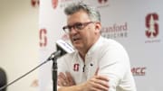 Mar 1, 2025; Stanford, California, USA;  Stanford Cardinal head coach Kyle Smith conducts a press conference with the media after the game against the Southern Methodist Mustangs at Maples Pavilion. Mandatory Credit: Stan Szeto-Imagn Images