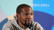 Jul 25, 2024; Paris, France; USA basketball player Kevin Durant talks to the media during a press conference. Mandatory Credit: Kirby Lee-USA TODAY Sports