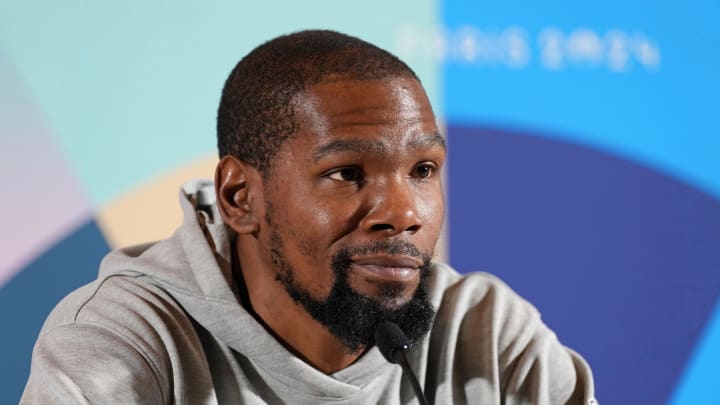 Jul 25, 2024; Paris, France; USA basketball player Kevin Durant talks to the media during a press conference. Mandatory Credit: Kirby Lee-USA TODAY Sports