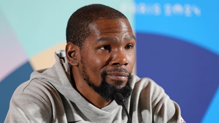 Jul 25, 2024; Paris, France; USA basketball player Kevin Durant talks to the media during a press conference. Mandatory Credit: Kirby Lee-USA TODAY Sports