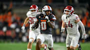 Nov 1, 2025; Corvallis, Oregon, USA; Oregon State Beavers running back Anthony Hankerson (0) brakes away on a big run during the fourth quarter against the Washington State Cougars at Reser Stadium. Mandatory Credit: Craig Strobeck-Imagn Images