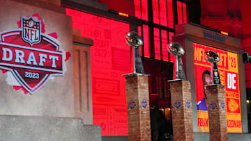 Apr 27, 2023; Kansas City, MO, USA; Kansas City Chiefs Vince Lombardi Trophy on display after the Chiefs thirty first overall pick in the first round of the 2023 NFL Draft at Union Station. Mandatory Credit: Kirby Lee-Imagn Images