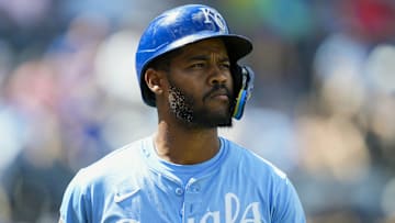 Aug 21, 2025; Kansas City, Missouri, USA; Kansas City Royals third baseman Maikel Garcia (11) reacts during the sixth inning against the Texas Rangers at Kauffman Stadium. Mandatory Credit: Jay Biggerstaff-Imagn Images