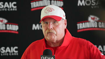 Jul 26, 2024; Kansas City, MO, USA; Kansas City Chiefs head coach Andy Reid talks to media after training camp at Missouri Western State University. Mandatory Credit: Denny Medley-USA TODAY Sports