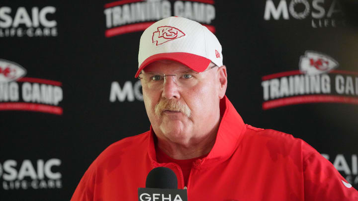 Jul 26, 2024; Kansas City, MO, USA; Kansas City Chiefs head coach Andy Reid talks to media after training camp at Missouri Western State University. Mandatory Credit: Denny Medley-USA TODAY Sports