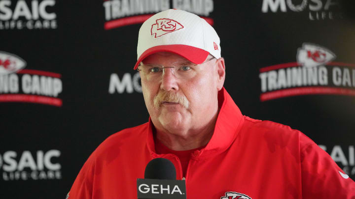 Jul 26, 2024; Kansas City, MO, USA; Kansas City Chiefs head coach Andy Reid talks to media after training camp at Missouri Western State University. Mandatory Credit: Denny Medley-USA TODAY Sports