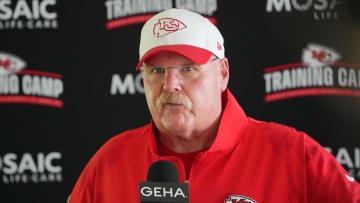 Jul 26, 2024; Kansas City, MO, USA; Kansas City Chiefs head coach Andy Reid talks to media after training camp at Missouri Western State University. Mandatory Credit: Denny Medley-USA TODAY Sports