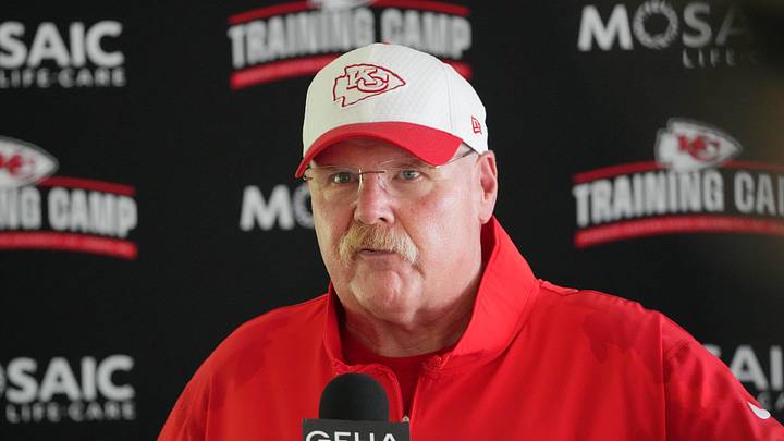 Jul 26, 2024; Kansas City, MO, USA; Kansas City Chiefs head coach Andy Reid talks to media after training camp at Missouri Western State University. Mandatory Credit: Denny Medley-USA TODAY Sports