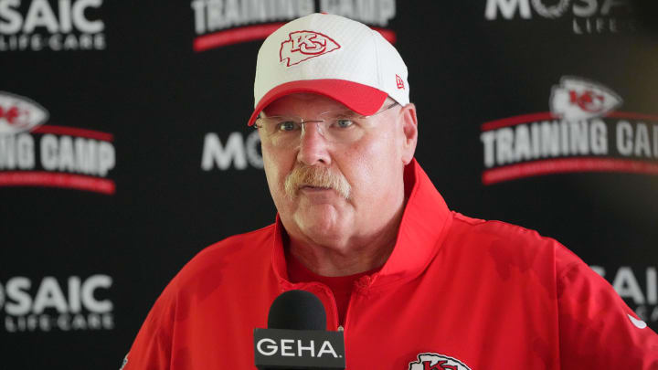 Jul 26, 2024; Kansas City, MO, USA; Kansas City Chiefs head coach Andy Reid talks to media after training camp at Missouri Western State University. Mandatory Credit: Denny Medley-USA TODAY Sports