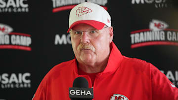 Jul 26, 2024; Kansas City, MO, USA; Kansas City Chiefs head coach Andy Reid talks to media after training camp at Missouri Western State University. Mandatory Credit: Denny Medley-Imagn Images
