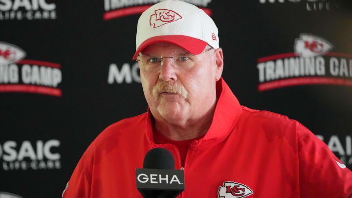 Jul 26, 2024; Kansas City, MO, USA; Kansas City Chiefs head coach Andy Reid talks to media after training camp at Missouri Western State University. Mandatory Credit: Denny Medley-USA TODAY Sports