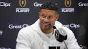 Jan 18, 2025; Atlanta, GA, USA; Notre Dame Fighting Irish head coach Marcus Freeman talks to the media during 2025 CFP National Championship Media Day at Georgia World Congress Center, Building A. 