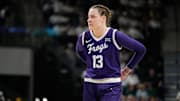 Mar 2, 2025; Waco, Texas, USA;  TCU Horned Frogs center Sedona Prince (13) in action against the Baylor Lady Bears during the first half at Paul and Alejandra Foster Pavilion. Mandatory Credit: Chris Jones-Imagn Images