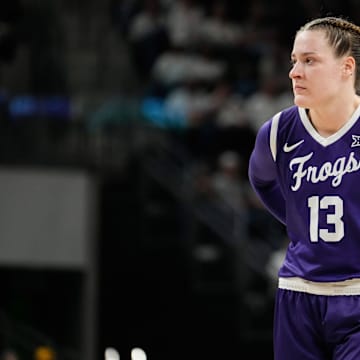 Mar 2, 2025; Waco, Texas, USA;  TCU Horned Frogs center Sedona Prince (13) in action against the Baylor Lady Bears during the first half at Paul and Alejandra Foster Pavilion. Mandatory Credit: Chris Jones-Imagn Images
