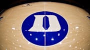 Oct 4, 2024; Durham, NC, USA; Duke Blue Devils center court logo before the Countdown to Craziness at Cameron Indoor Stadium. Mandatory Credit: Jaylynn Nash-Imagn Images