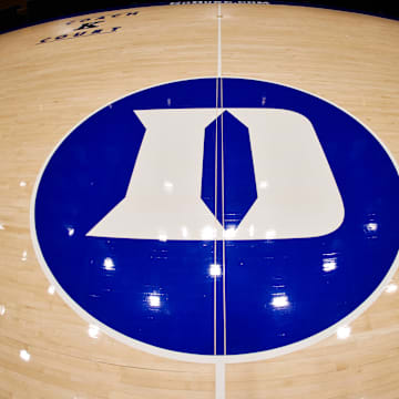 Oct 4, 2024; Durham, NC, USA; Duke Blue Devils center court logo before the Countdown to Craziness at Cameron Indoor Stadium. Mandatory Credit: Jaylynn Nash-Imagn Images